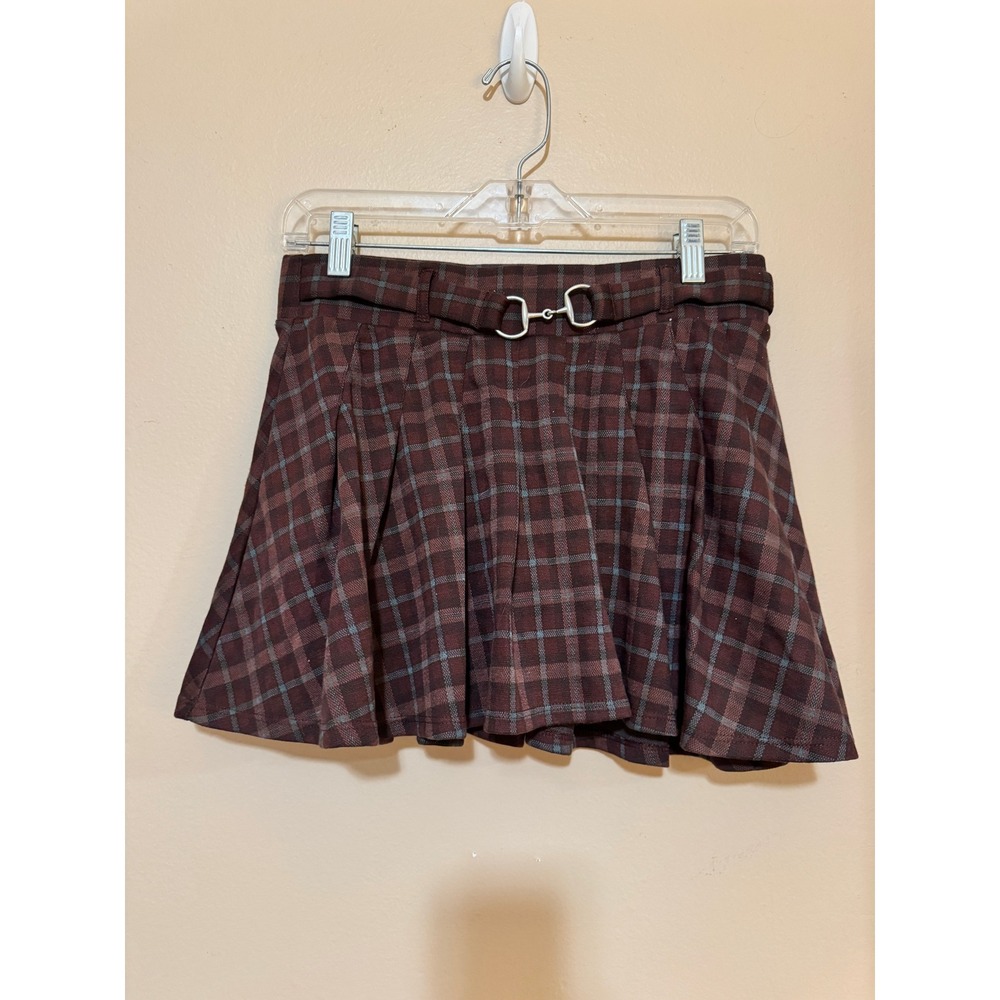 American Eagle Brown Plaid Pleated Skort with Horsebit Buckle Size XS